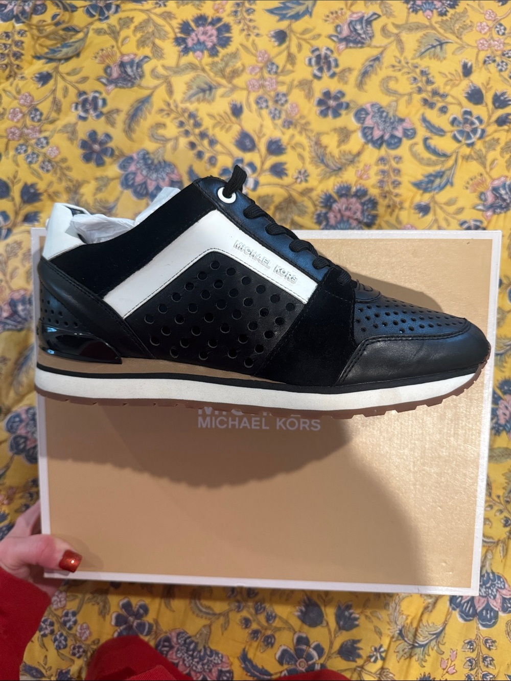 Michael Kors Black and White Perforated Suede & Leather Sneaker